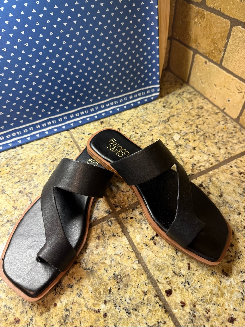 Franco Sarto Black Leather Slide Sandals with Tan Sole Edge - Picture 4 of 7